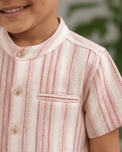 Boys Half Sleeve Striped Cotton Shirt, Soft Mandarin Collar Casual Shirt for Kids