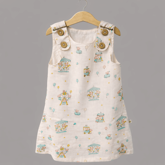 Carnival Print Soft Cotton Sleeveless Frock with Cute Shoulder Buttons