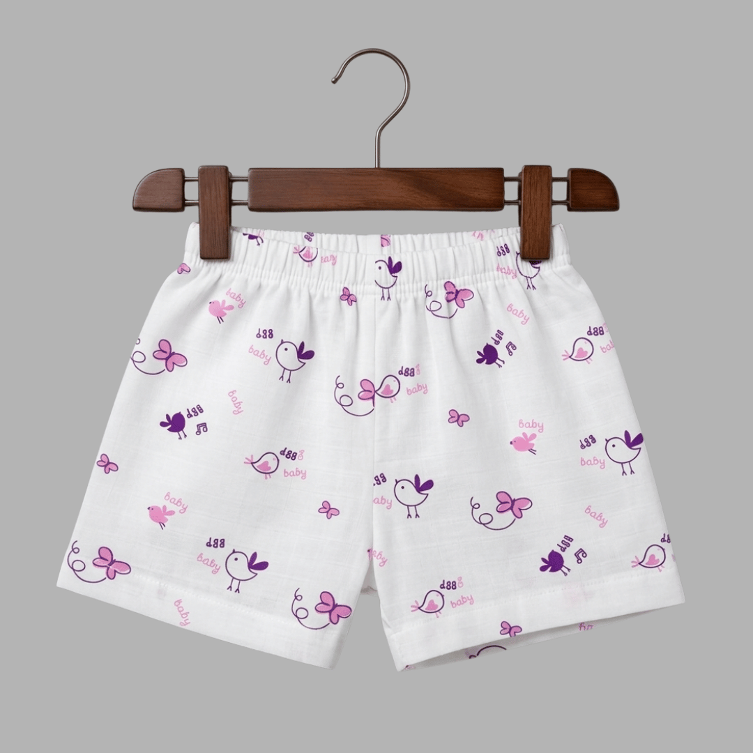 Purple Birdie Summer Cotton Snap Up Jhabla & Shorts Set