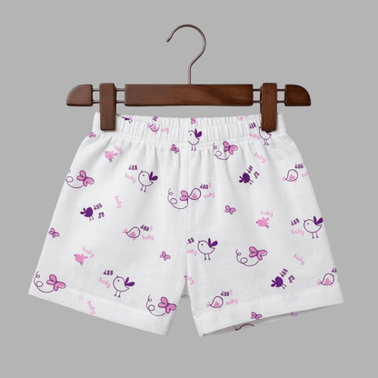 Purple Birdie Summer Cotton Snap Up Jhabla & Shorts Set
