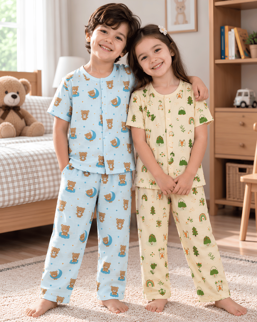 Cotton Kids Nightsuits - Pack of 2 Short Sleeve Sets for Boys & Girls