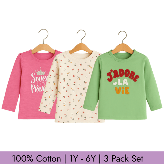 Todlerry Full Sleeves Girls T-shirts | Pack of 3 |Soft & Breathable | 100% Cotton