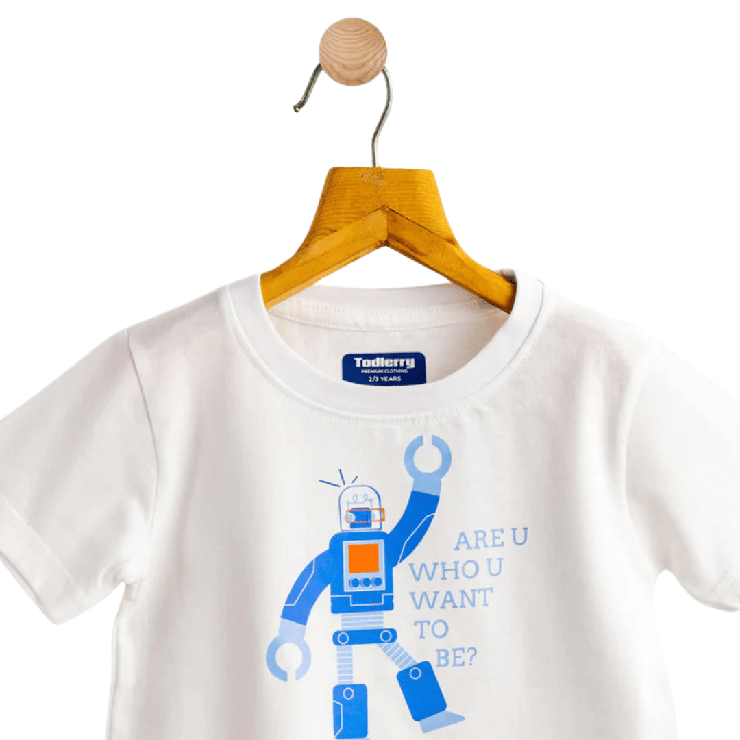 Boys Cotton T-Shirt White Robot Print Soft & Breathable 100% Cotton