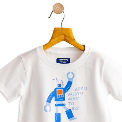 Boys Cotton T-Shirt White Robot Print Soft & Breathable 100% Cotton