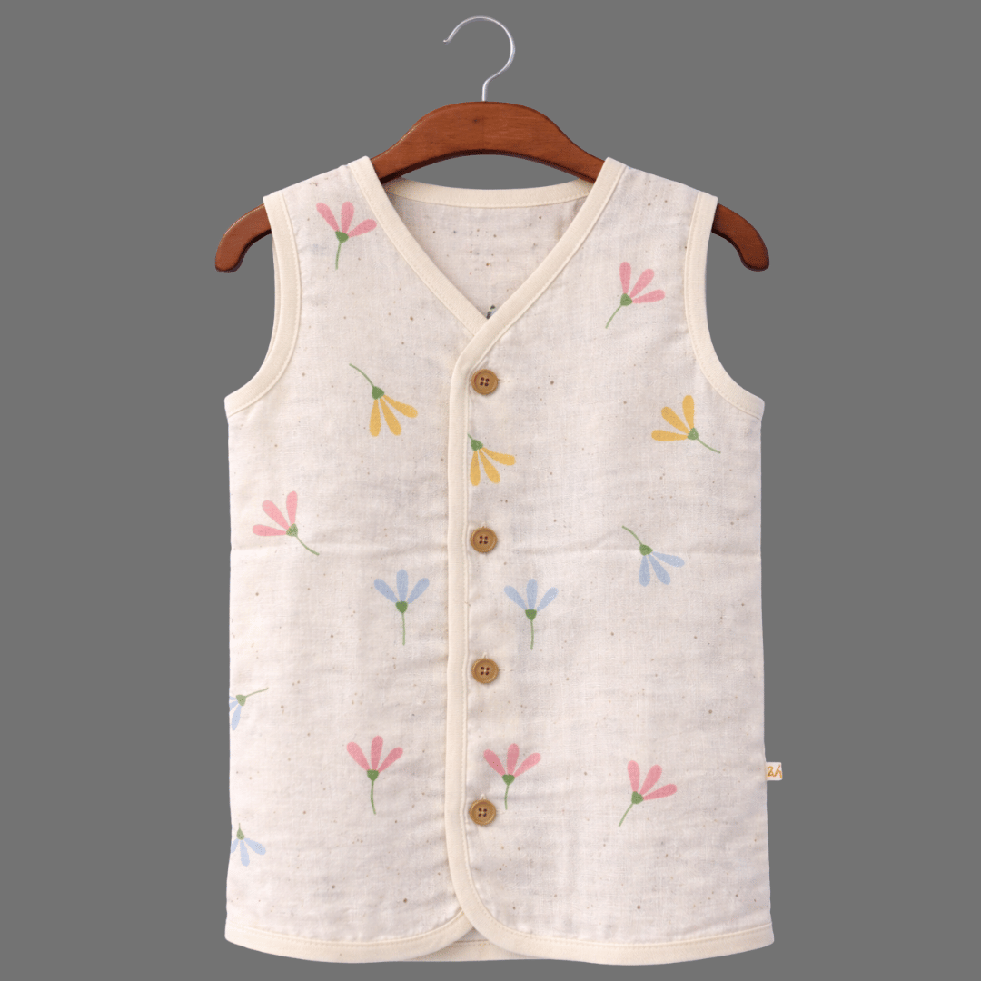 Unisex Soft Cotton Sleeveless Pastel Floral Jhabla for Babies