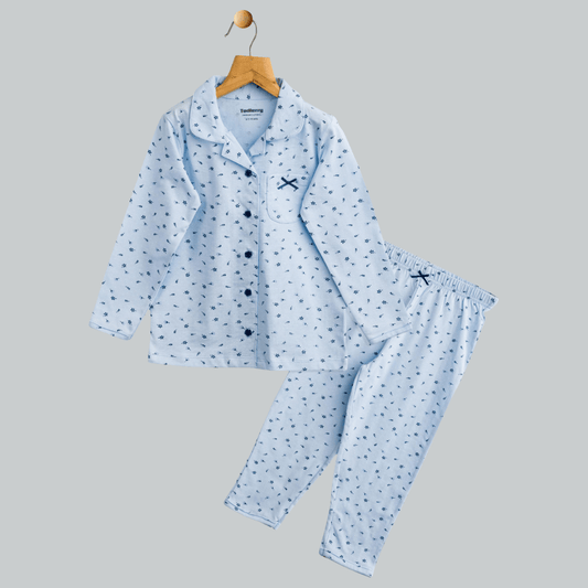 Todlerry Girls Night Suit | Blue Bow print | Soft & Breathable | 100% Cotton