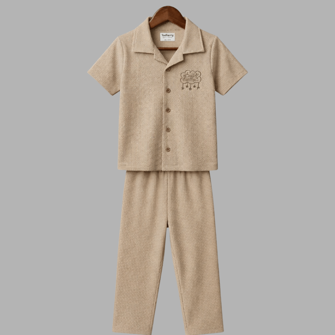 Soft Beige Nightwear Set - Half Sleeve Shirt & Full Pant