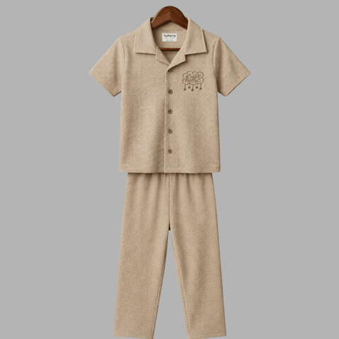 Soft Beige Nightwear Set - Half Sleeve Shirt & Full Pant