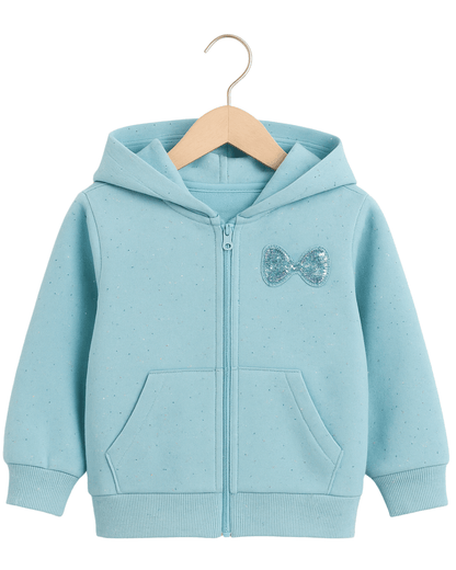 Girl's Blue Glitter Full Sleeve with Front Zipper Hoodie for Kids 100% Cotton