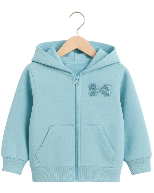 Girl's Blue Glitter Full Sleeve with Front Zipper Hoodie for Kids 100% Cotton