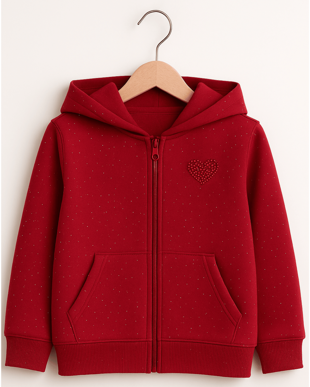 Girl's Red Glitter Full Sleeve with Front Zipper Hoodie for Kids 100% Cotton