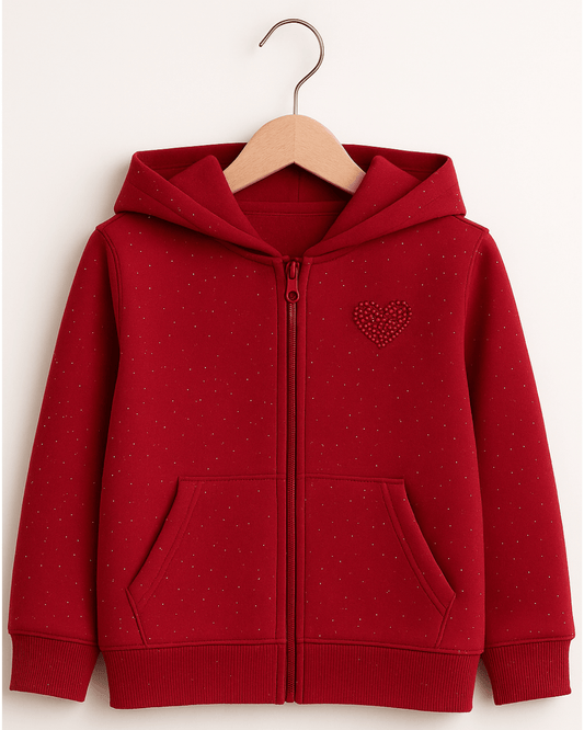 Girl's Red Glitter Full Sleeve with Front Zipper Hoodie for Kids 100% Cotton