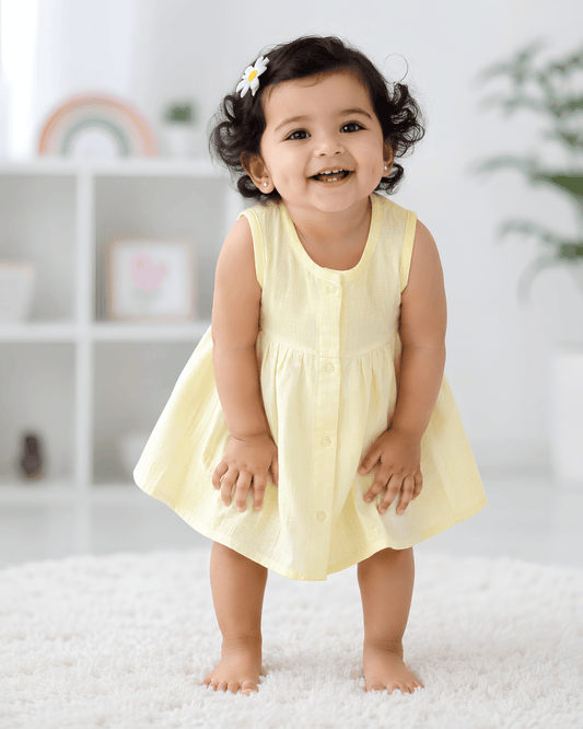 Premium Light Yellow Muslin Sleeveless Frock – 100% Organic Cotton Baby Dress