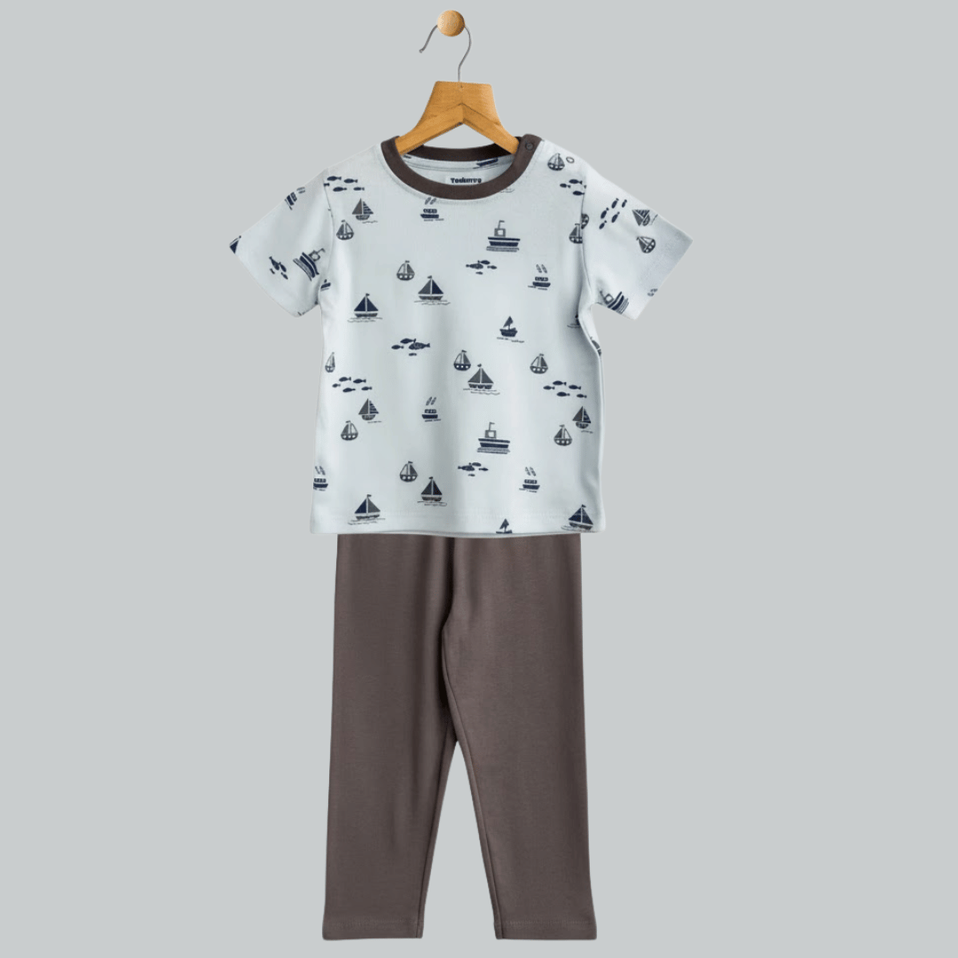 Unisex Pajama set Light blue Ship Print Soft & Breathable 100% Cotton