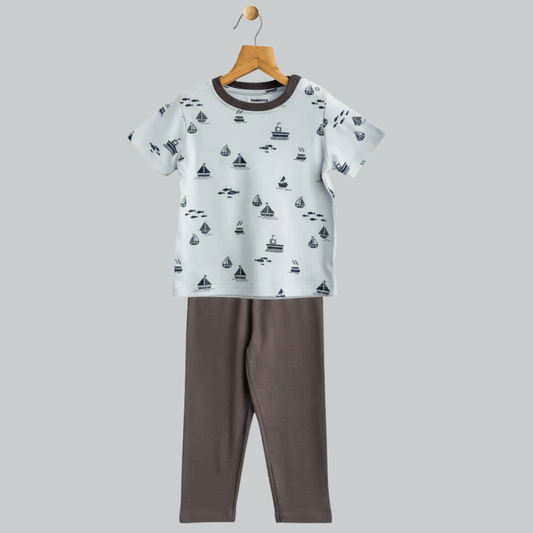 Unisex Pajama set Light blue Ship Print Soft & Breathable 100% Cotton