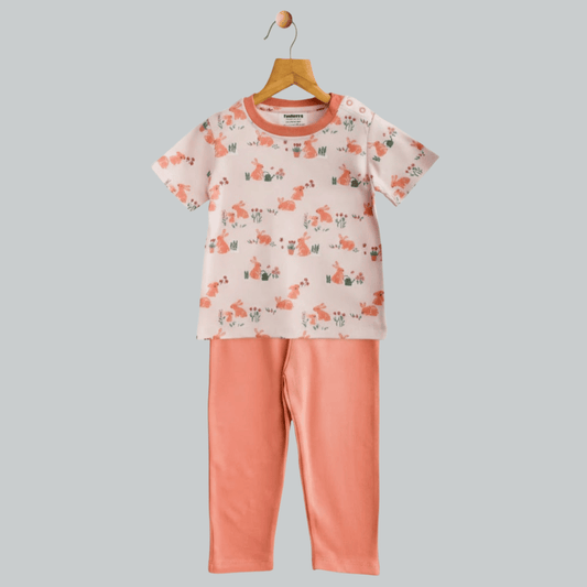 Unisex Pajama set Peach Bunny Print Soft & Breathable 100% Cotton