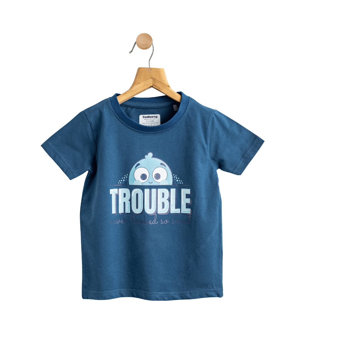 Boys Cotton T-Shirt Royal Blue Trouble Print Soft & Breathable 100% Cotton