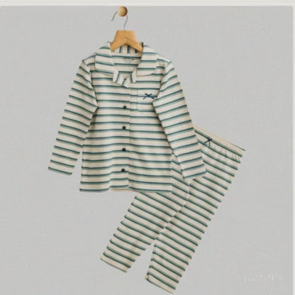 Todlerry Girls Night Suit | Green Strips print | Soft & Breathable | 100% Cotton