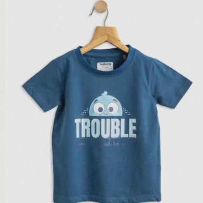 Boys Cotton T-Shirt Royal Blue Trouble Print Soft & Breathable 100% Cotton