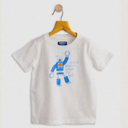 Boys Cotton T-Shirt White Robot Print Soft & Breathable 100% Cotton