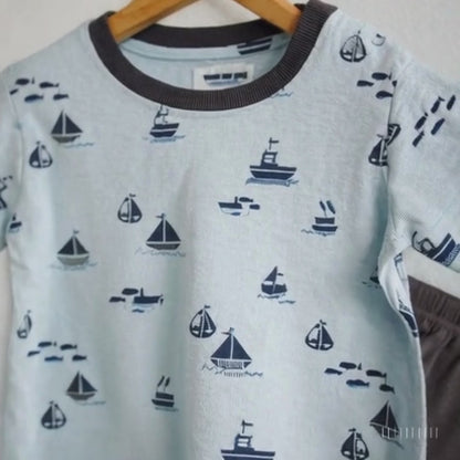 Unisex Pajama set Light blue Ship Print Soft & Breathable 100% Cotton