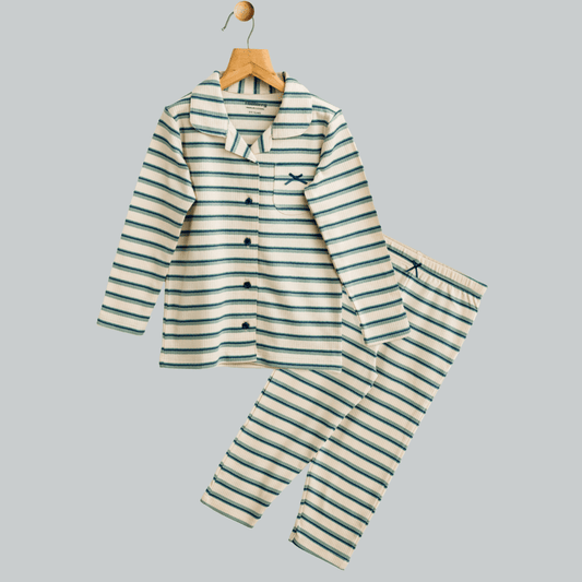 Todlerry Girls Night Suit | Green Strips print | Soft & Breathable | 100% Cotton